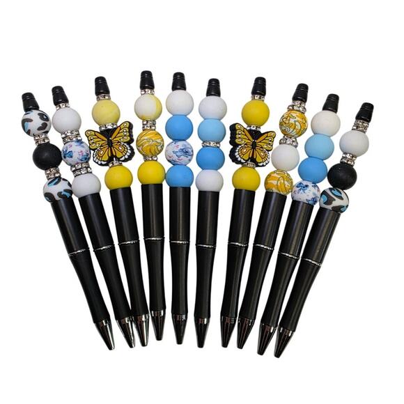 NEW Custom Black Ink Ball Point Pens, Butterfly, Gem, Silicone Beads, Turn-Click - Picture 1 of 1